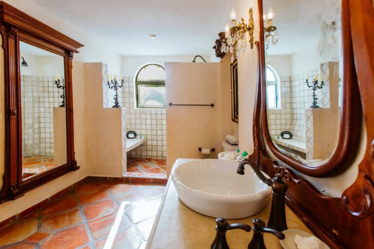 Lavatory with wooden vanity and large white basin sink, open shower and large wooden mirror.