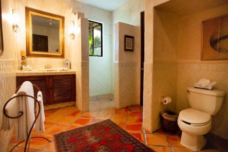 Lavatory with golden mirror over bathroom sink and open shower.